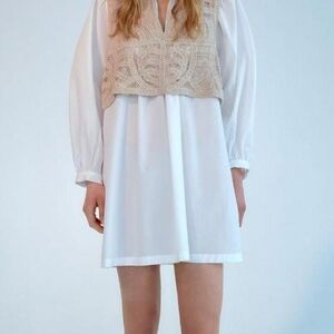 White Dress with Beige Crochet Vest